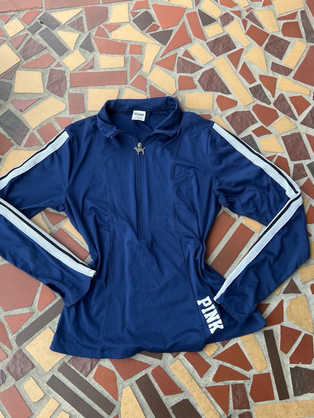 PINK Victoria's Secret Navy Half-Zip Athletic Jacket with White Sleeve Stripes